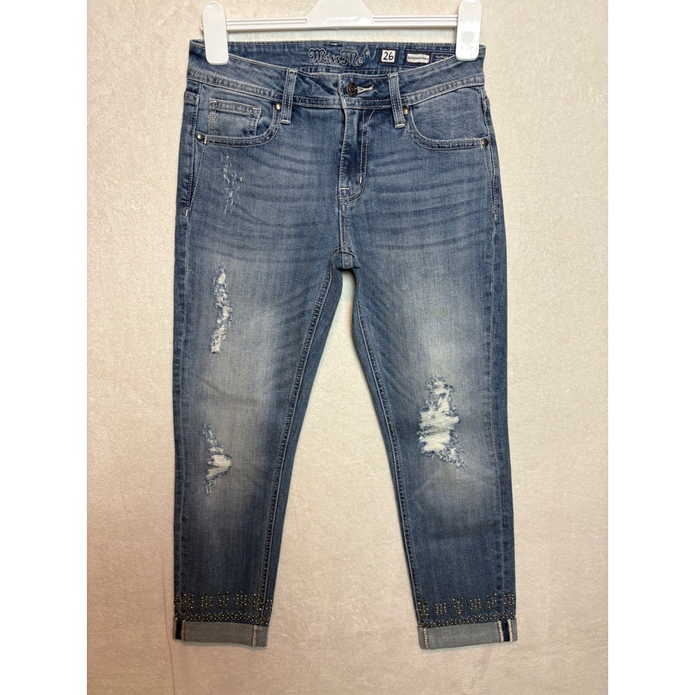 Miss Me Boyfriend Ankle Jeans Distressed Studded Cuff Medium Wash size 26